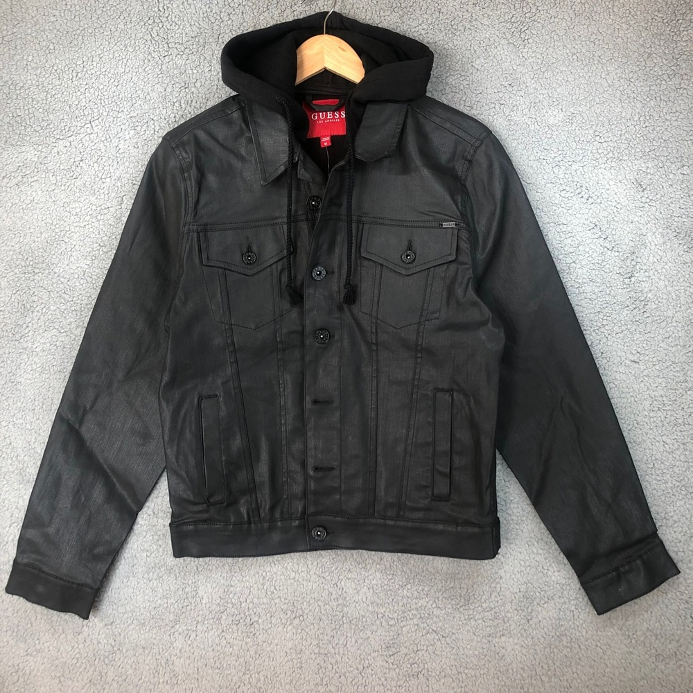 Guess Mens Black Waxed Coated Hooded Trucker Jacket X53N11 D0X90 Medium NEW